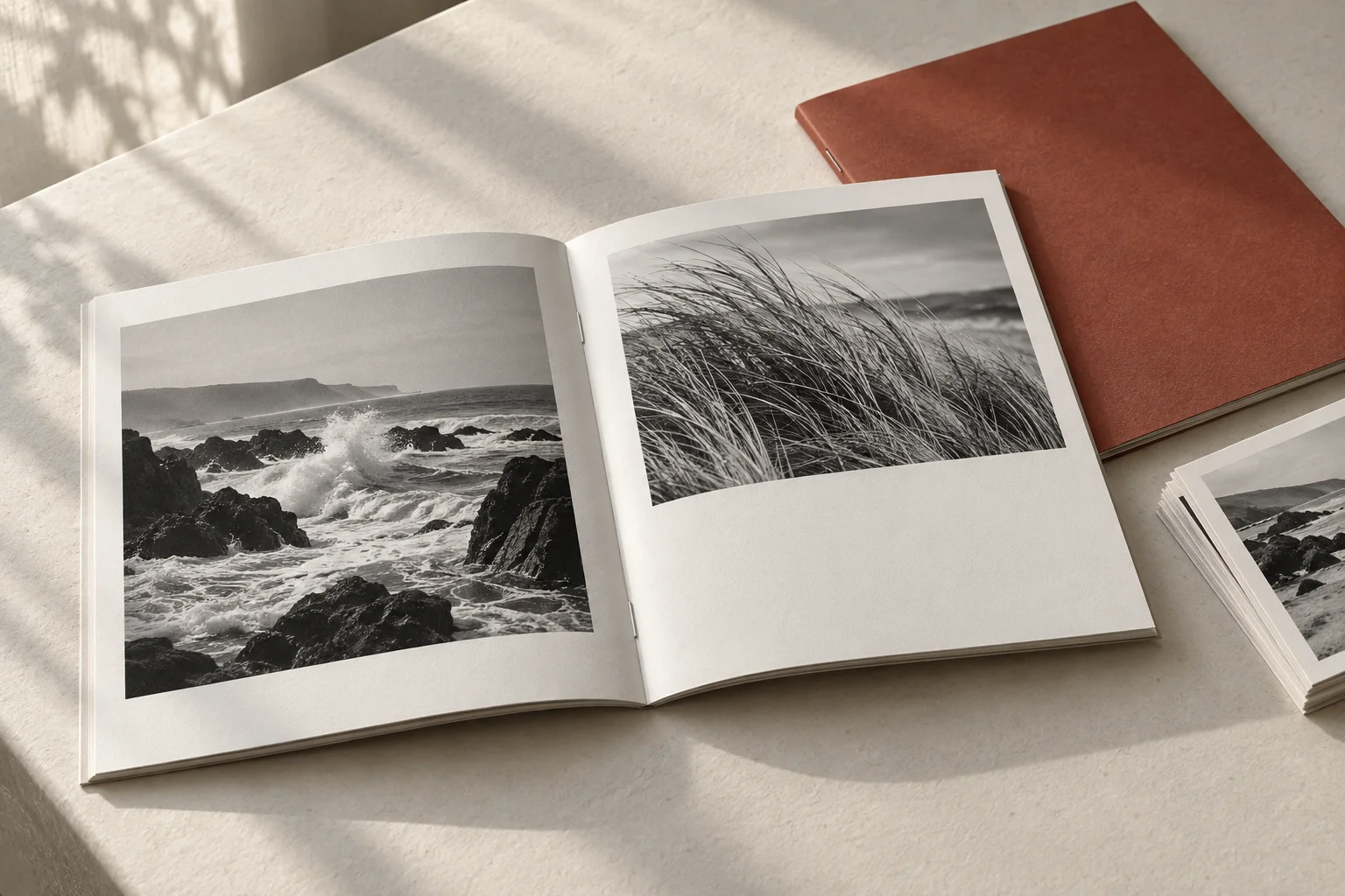 An open photography booklet with monochrome coastal images, uncoated paper and a terracotta cover.