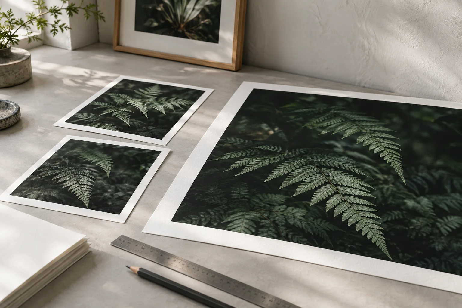 Botanical photographs printed in three sizes on textured white paper, beside a ruler and pencil.